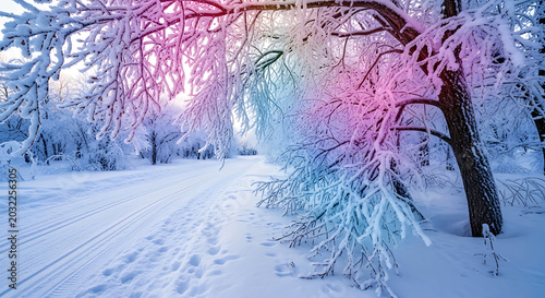 Snowy path through a forest with trees covered in snow and a colorful light shining through the branches ai generated