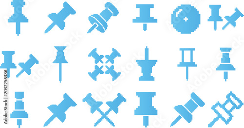 Foto Pixel art push pin and thumbtack icons set in various angles for office and map markers
