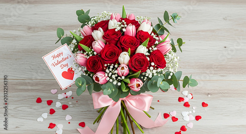 Valentine's day bouquet with roses and tulips tied with a pink ribbon and a greeting card on a wooden table ai generated