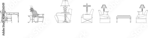 Technical vector set of modern living room and patio furniture, featuring side elevation views of armchairs, tables, and lamps.