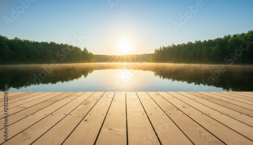 Sunrise on misty lake with wooden dock foreground