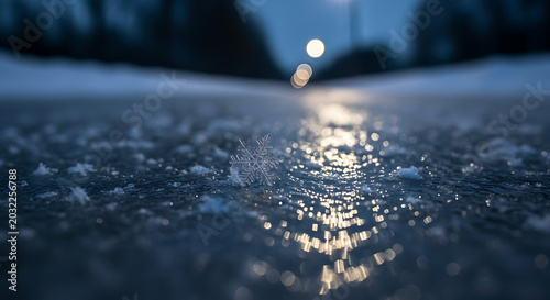 Close up of a snowflake on a frozen surface reflecting light with blurred background at dusk or dawn ai generated