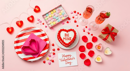 A valentine's day themed flat lay with cake, candies, drinks, gift, and heart shaped decorations ai generated