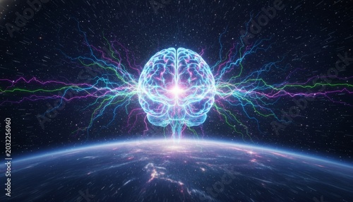 Glowing human brain in outer space representing artificial intelligence and cosmic mind