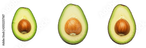 Bild auf Leinwand Set of Fresh Ripe Avocado Halves with Pits Isolated on White Background for Heal