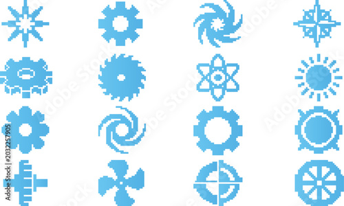 Pixel art icons of gears, stars, sun, and abstract shapes in blue on white background.