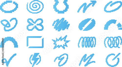 Selection of pixel art graphic elements featuring wavy lines spirals and lightning bolts.