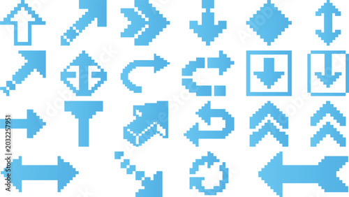 Assorted pixel art arrow set featuring various directions and navigation pointer symbols.