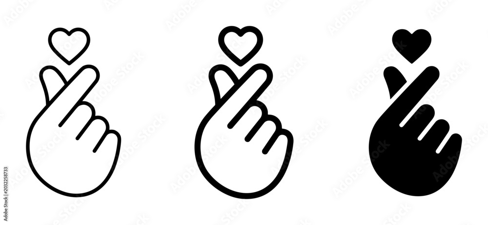 Fototapeta premium Korean Finger Heart Gesture Icons, Love Symbol, Romantic Hand Sign Vector Set