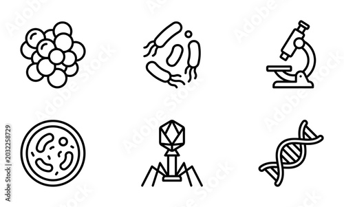 Bild auf Leinwand Microbiology Icons Set: Bacteria, Virus, DNA, Microscope, Petri Dish, Cell Clust