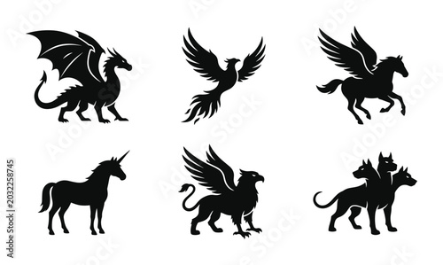 Foto Mythical Creatures Vector Icons: Dragon, Phoenix, Pegasus, Unicorn, Griffin, Cer