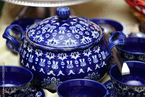 Schilderij op canvas Ornate blue and white traditional Moroccan ceramic soup tureen and matching bowl