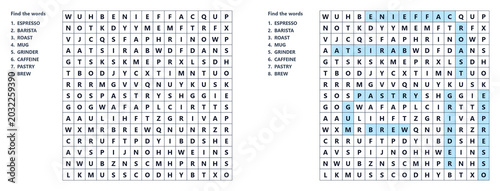 Photography Coffee Shop word seek puzzle sheet with highlighted solutions, educational game