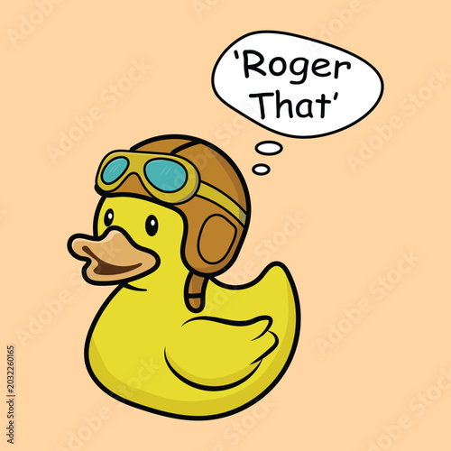 Foto Cute Yellow Rubber Duck Pilot Character with Aviator Helmet and Roger That Speec