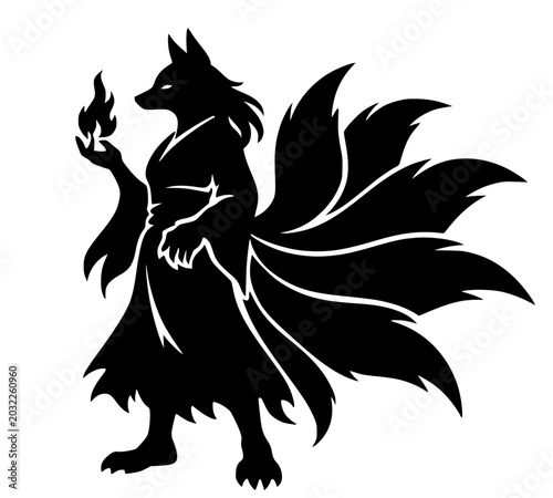 Photos Kitsune Silhouette, Black silhouette of a fox-like creature with multiple tails