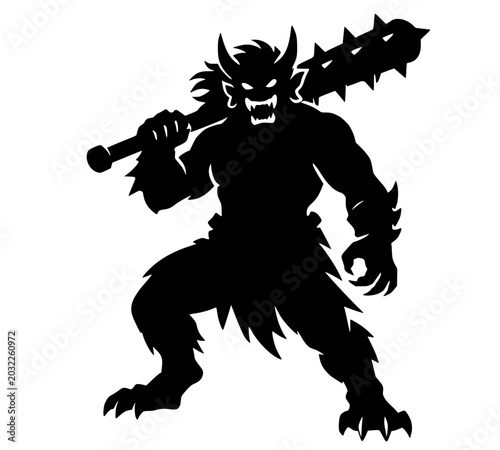 Photos Ogre with Club Silhouette, Black silhouette of a monstrous figure holding a spiked club, symbolizing fantasy strength and menace