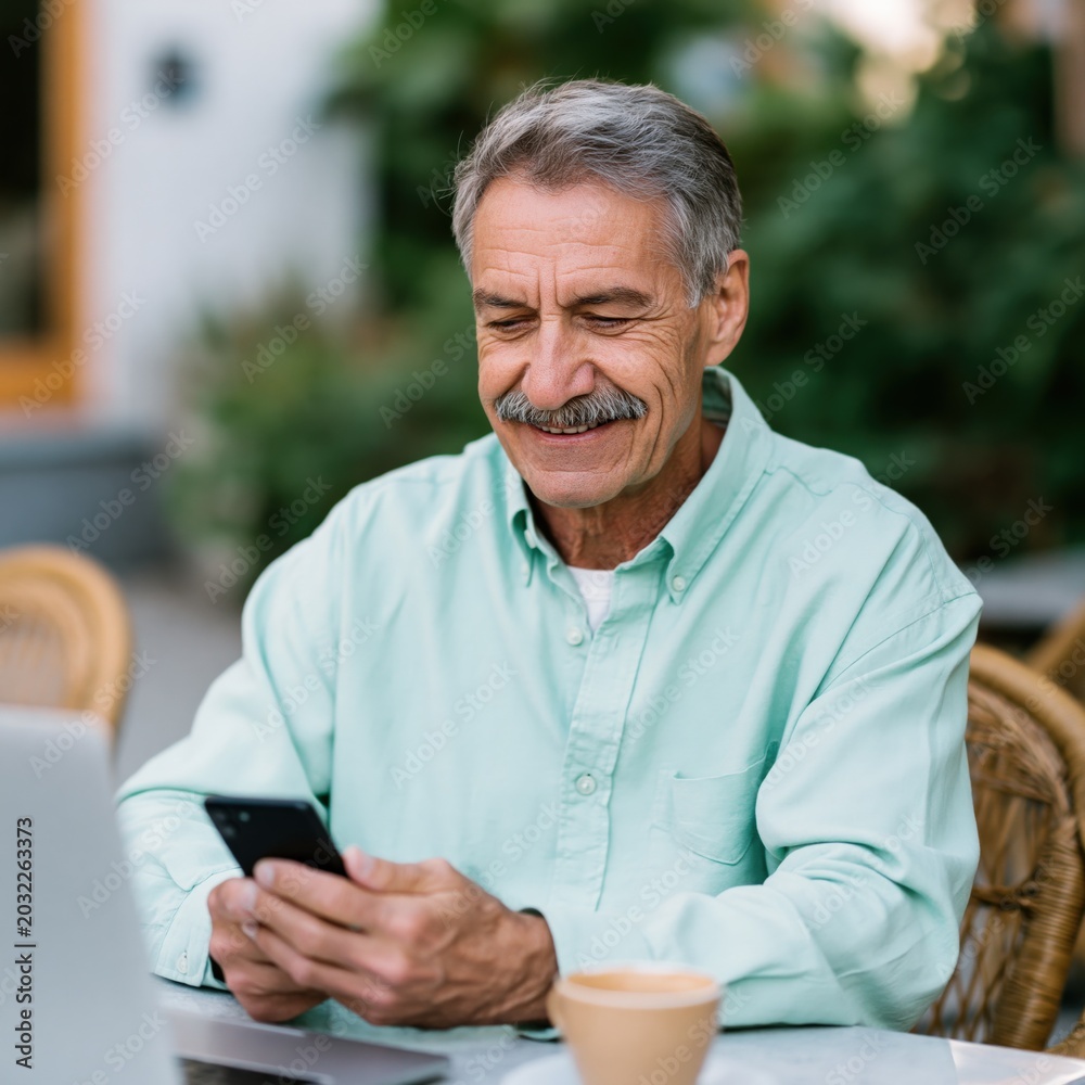 Obraz premium Older man smiling while using smartphone at outdoor cafe table