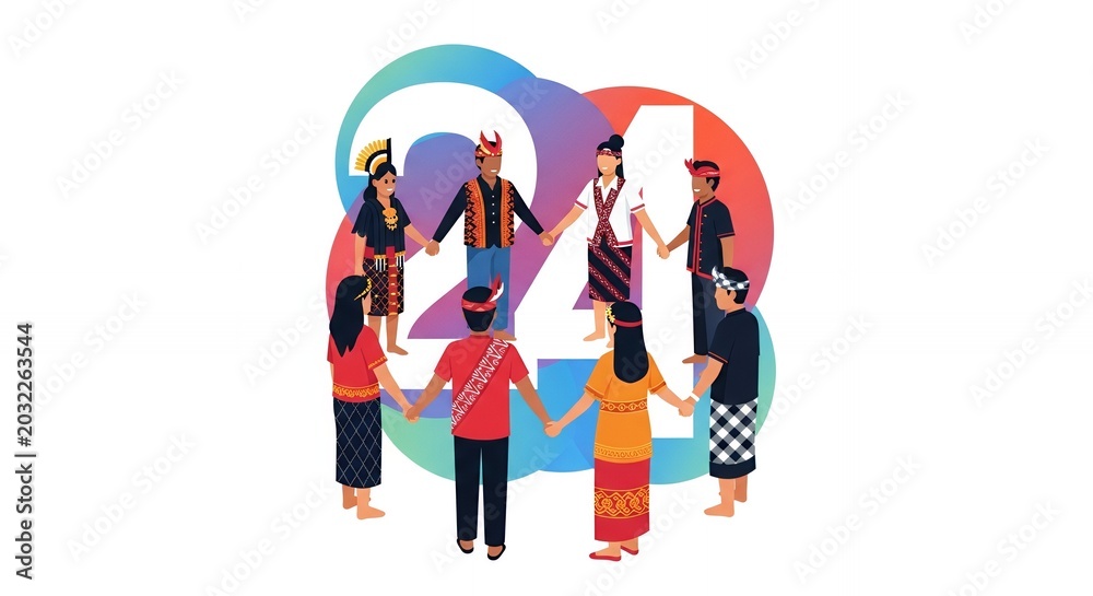 Fototapeta premium Diverse people holding hands around number 24 illustration.