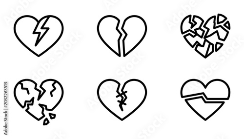 Tableau sur toile Broken Heart Icons, Set of 6 Vector Graphics, Symbolizing Sadness, Loss, and Hea