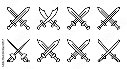 Fotografía Set of 8 Crossed Swords Icons, Medieval Weapon Symbols, Warrior Battle Blades, V