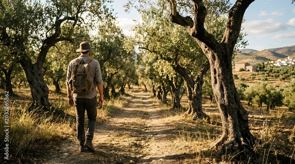 Fototapeta premium Man Walking Through Olive Grove on Sunny Day.