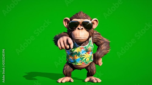 Happy animated monkey with sunglasses on green screen background