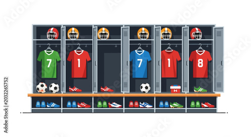 Soccer Team Locker Room with Jerseys and Equipment.