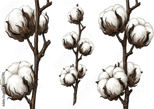 Foto Collection of hand drawn realistic cotton bolls on branches, set of botanical ve
