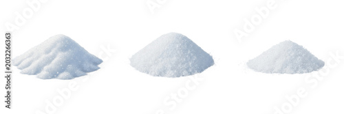 Set of White Powder Piles Isolated on White Background: Realistic Sugar, Flour, Salt, or Baking Soda Heaps for Culinary, Chemistry, and Industrial Product Photography, High-Resolution Ingredient Mocku