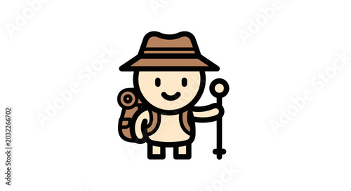 Obraz na plátne Cute Cartoon Hiker with Backpack and Walking Stick.