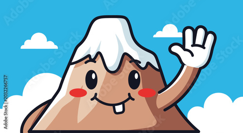 Obraz na płótnie Cute Cartoon Mountain Character Waving Hello with a Friendly Smile