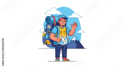 Foto Happy male hiker with backpack and map ready for adventure.