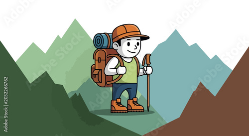 Fotografie Cartoon man with hiking gear walking.