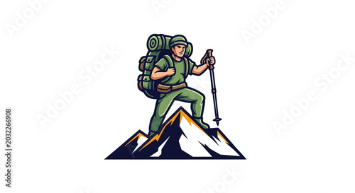 Bild auf Leinwand Adventurous hiker conquers mountain peak with trekking pole and backpack