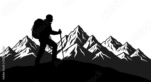 Εκτύπωση καμβά Man hiking with trekking poles silhouette.