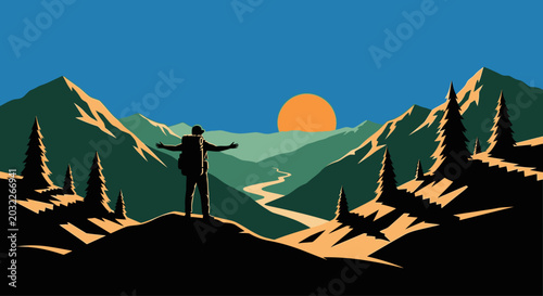 Bild auf Leinwand Man standing on mountain peak triumphantly.