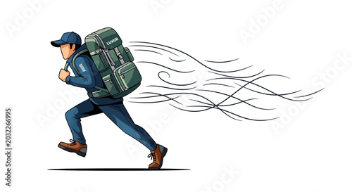 Bilde på lerret Man wearing backpack while running fast.
