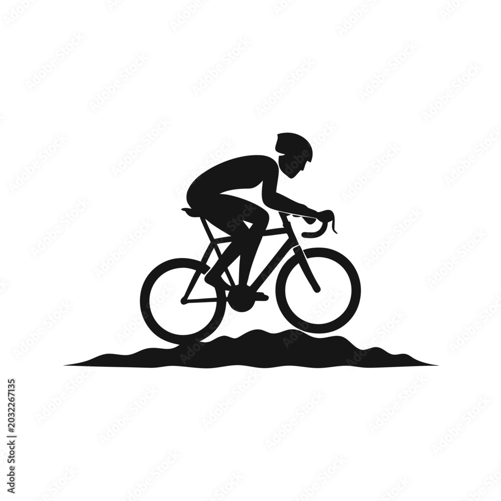 Naklejka premium Cyclist Silhouette: A dynamic silhouette of a cyclist in motion, wearing a helmet and focused on the ride, with a stylized representation of uneven terrain beneath.