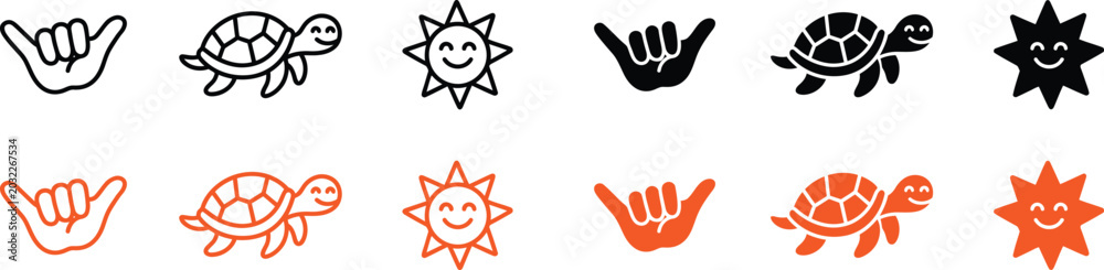 Fototapeta premium Line art icon set hang loose turtle and sun
