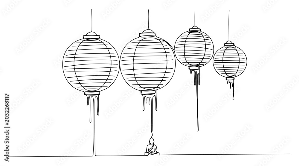Obraz premium Hanging paper lanterns with dripping lines above a meditating buddha silhouette in minimalist line art style