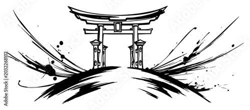 Cuadro en lienzo Japanese torii gate on a hill with dynamic brush strokes in traditional ink styl