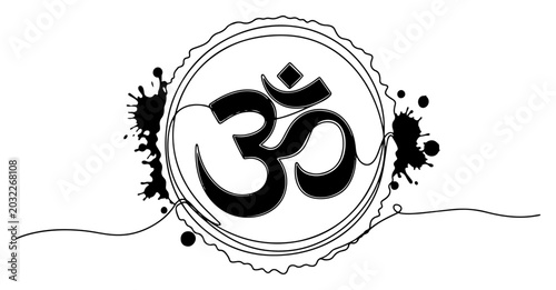 Fotografie Om symbol inside decorative circle with ink splatters in spiritual line art styl
