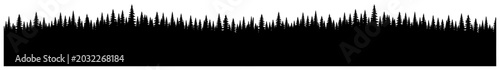 Foto Coniferous pine forest tree line silhouette in black and white landscape style