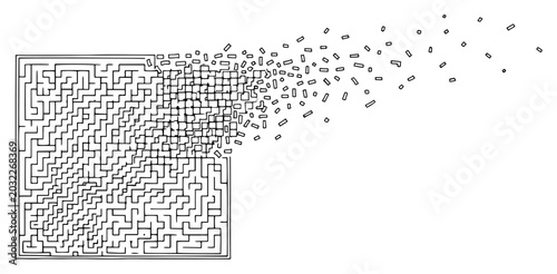 Photos Square labyrinth maze dissolving into flying particles in abstract digital style