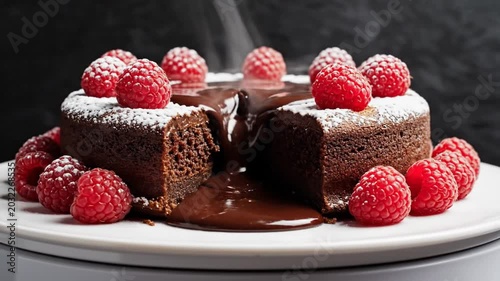 Delicious chocolate cake with fresh raspberries dessert photography