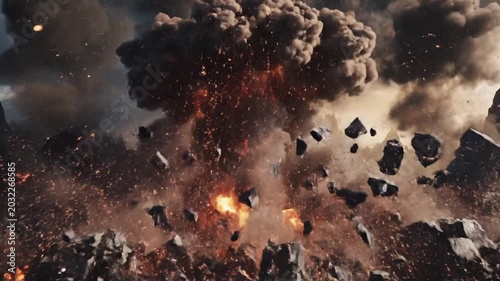 Dramatic text composition with explosions and fiery backdrop