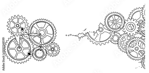 Photos Interlocking gears and cogs with ink splatters in sketchy machinery style