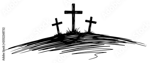 Photography Three Christian crosses on Calvary hill in black and white sketch style