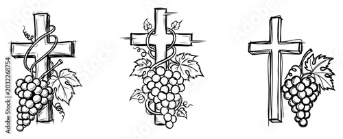 Fotografie Christian cross with grapevine and grape bunch in black and white sketch style