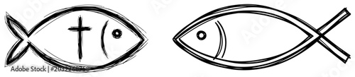 Photography Christian fish symbols with cross in hand drawn sketch style
